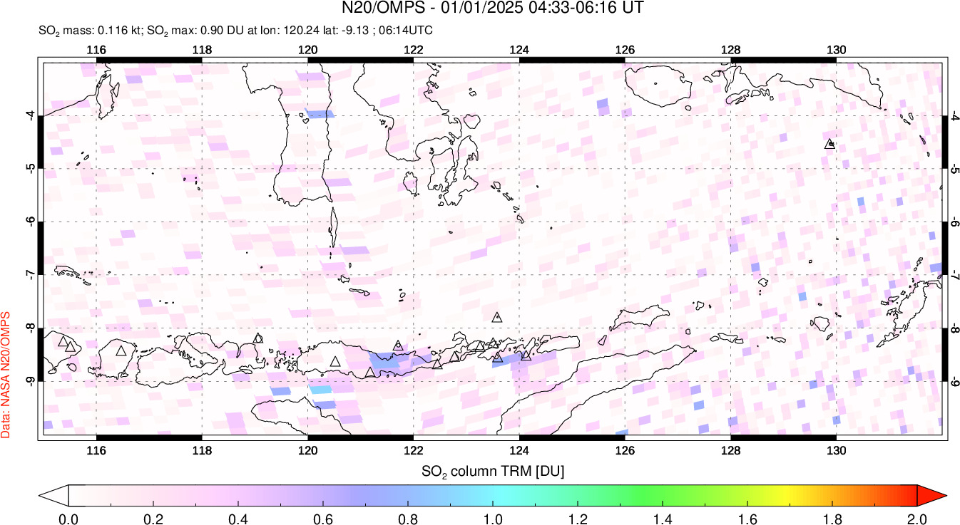 A sulfur dioxide image over Lesser Sunda Islands, Indonesia on Jan 01, 2025.