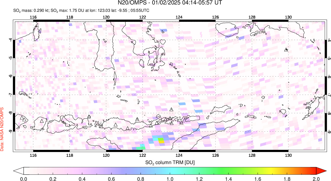 A sulfur dioxide image over Lesser Sunda Islands, Indonesia on Jan 02, 2025.