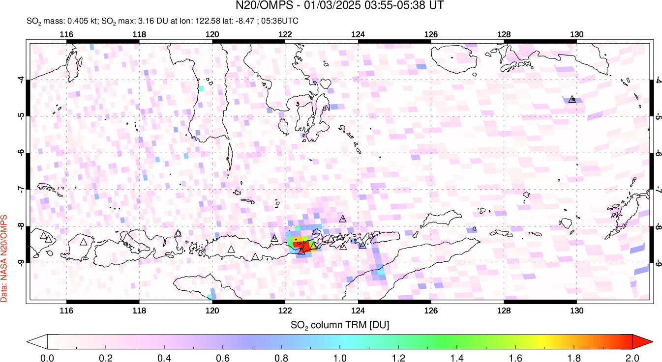 A sulfur dioxide image over Lesser Sunda Islands, Indonesia on Jan 03, 2025.