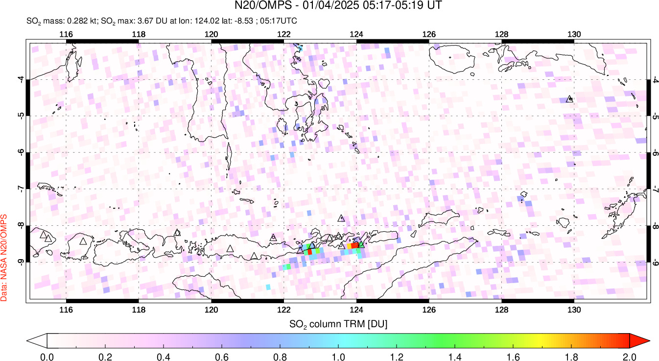 A sulfur dioxide image over Lesser Sunda Islands, Indonesia on Jan 04, 2025.