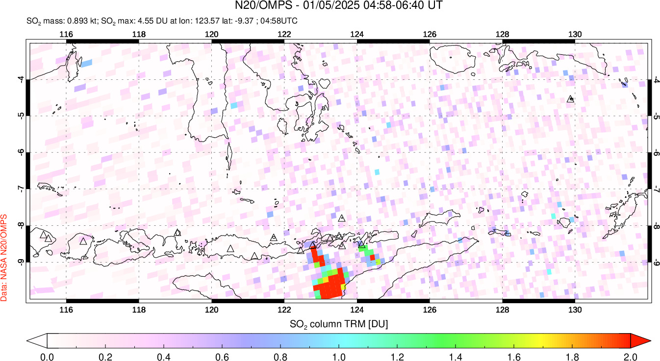 A sulfur dioxide image over Lesser Sunda Islands, Indonesia on Jan 05, 2025.