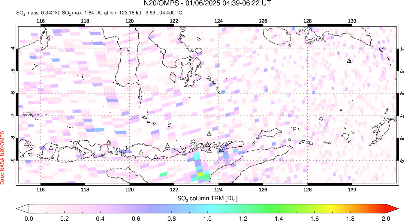 A sulfur dioxide image over Lesser Sunda Islands, Indonesia on Jan 06, 2025.