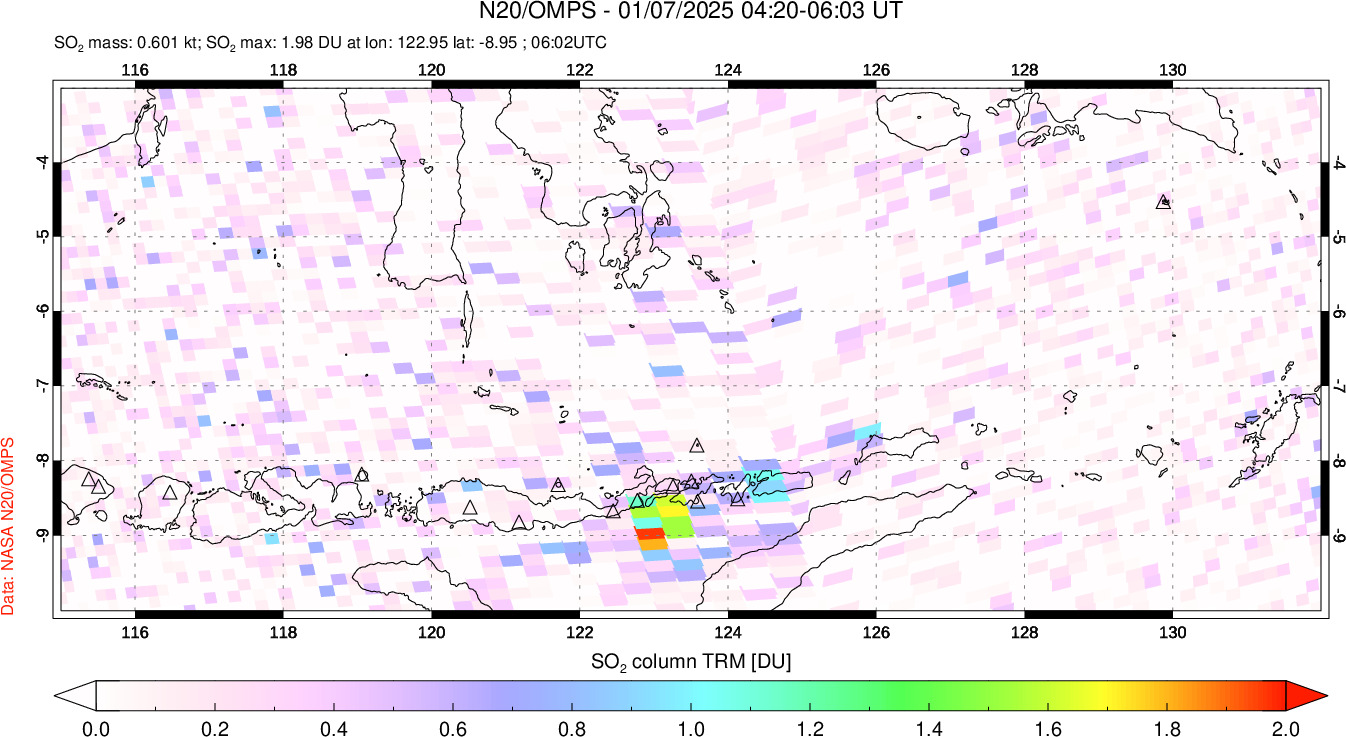 A sulfur dioxide image over Lesser Sunda Islands, Indonesia on Jan 07, 2025.