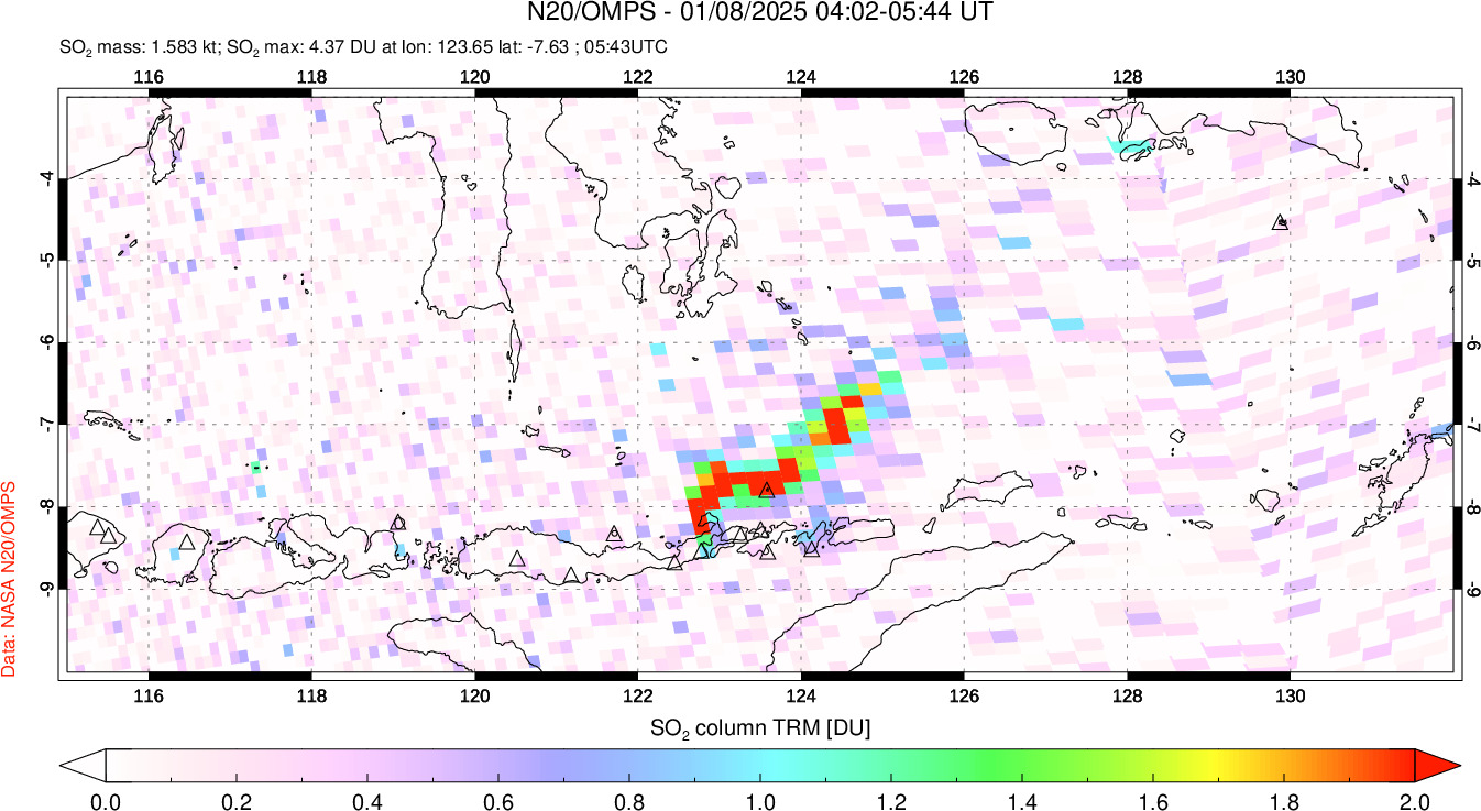 A sulfur dioxide image over Lesser Sunda Islands, Indonesia on Jan 08, 2025.