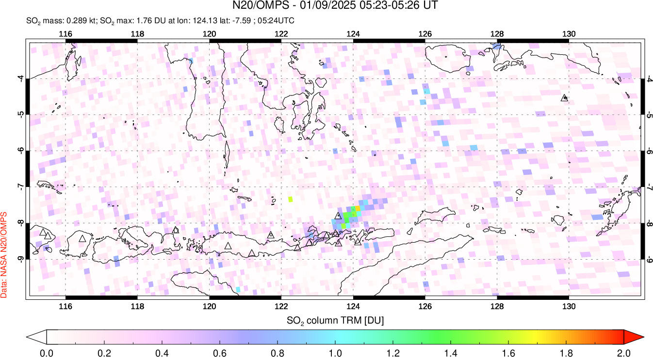 A sulfur dioxide image over Lesser Sunda Islands, Indonesia on Jan 09, 2025.