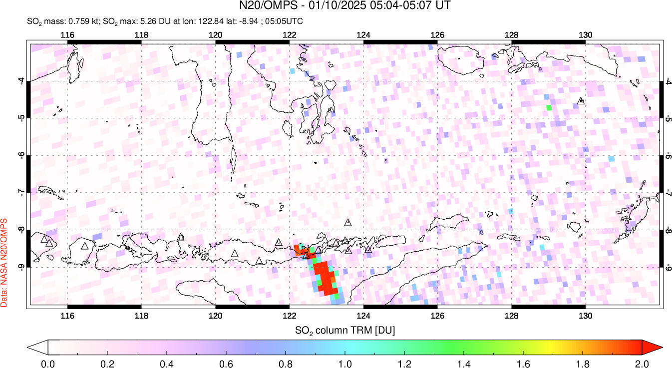 A sulfur dioxide image over Lesser Sunda Islands, Indonesia on Jan 10, 2025.