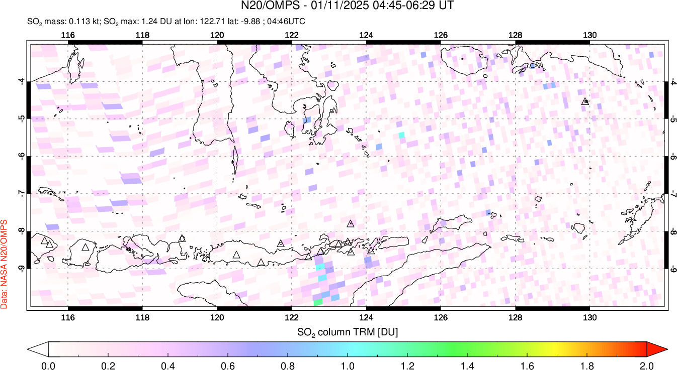 A sulfur dioxide image over Lesser Sunda Islands, Indonesia on Jan 11, 2025.