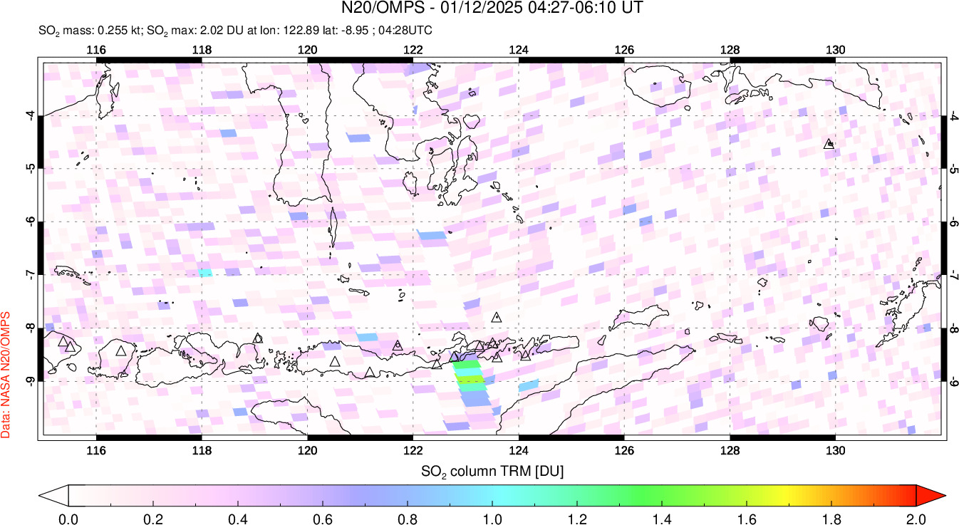 A sulfur dioxide image over Lesser Sunda Islands, Indonesia on Jan 12, 2025.