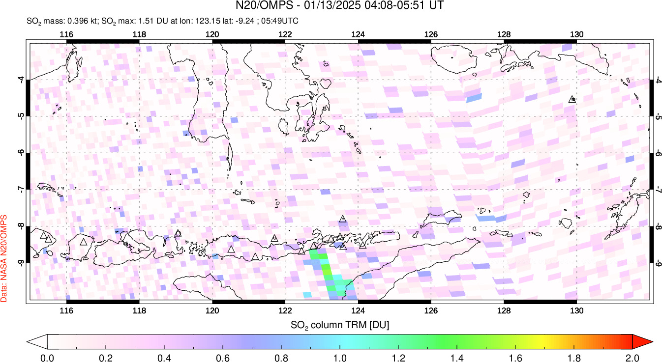 A sulfur dioxide image over Lesser Sunda Islands, Indonesia on Jan 13, 2025.