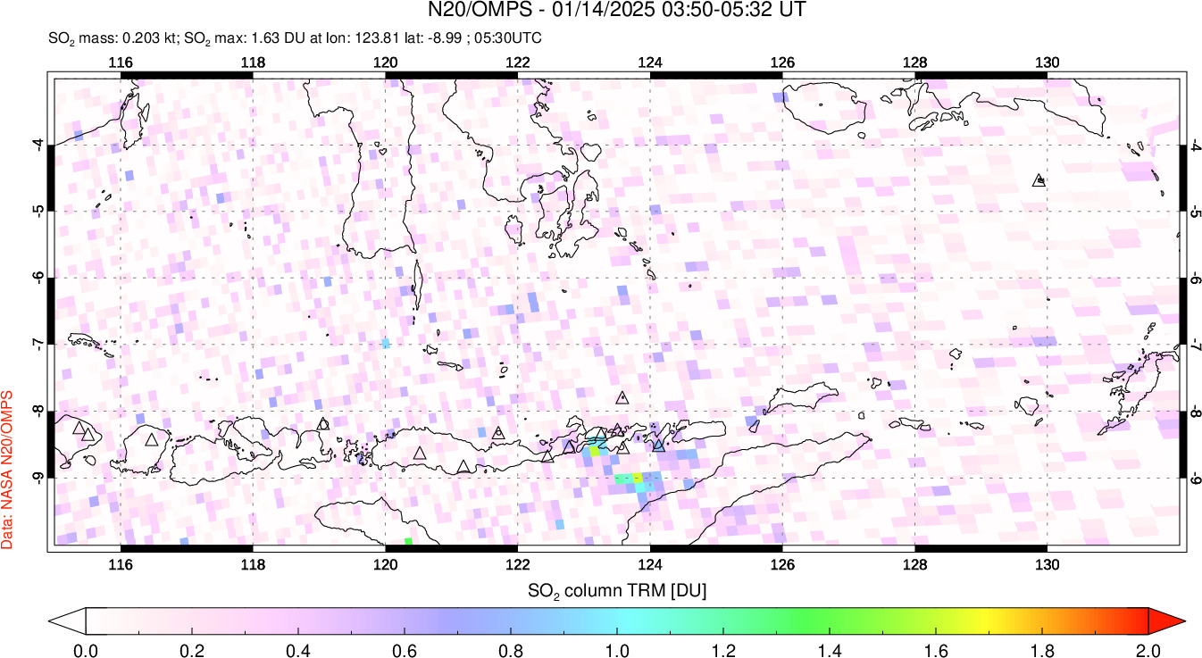 A sulfur dioxide image over Lesser Sunda Islands, Indonesia on Jan 14, 2025.