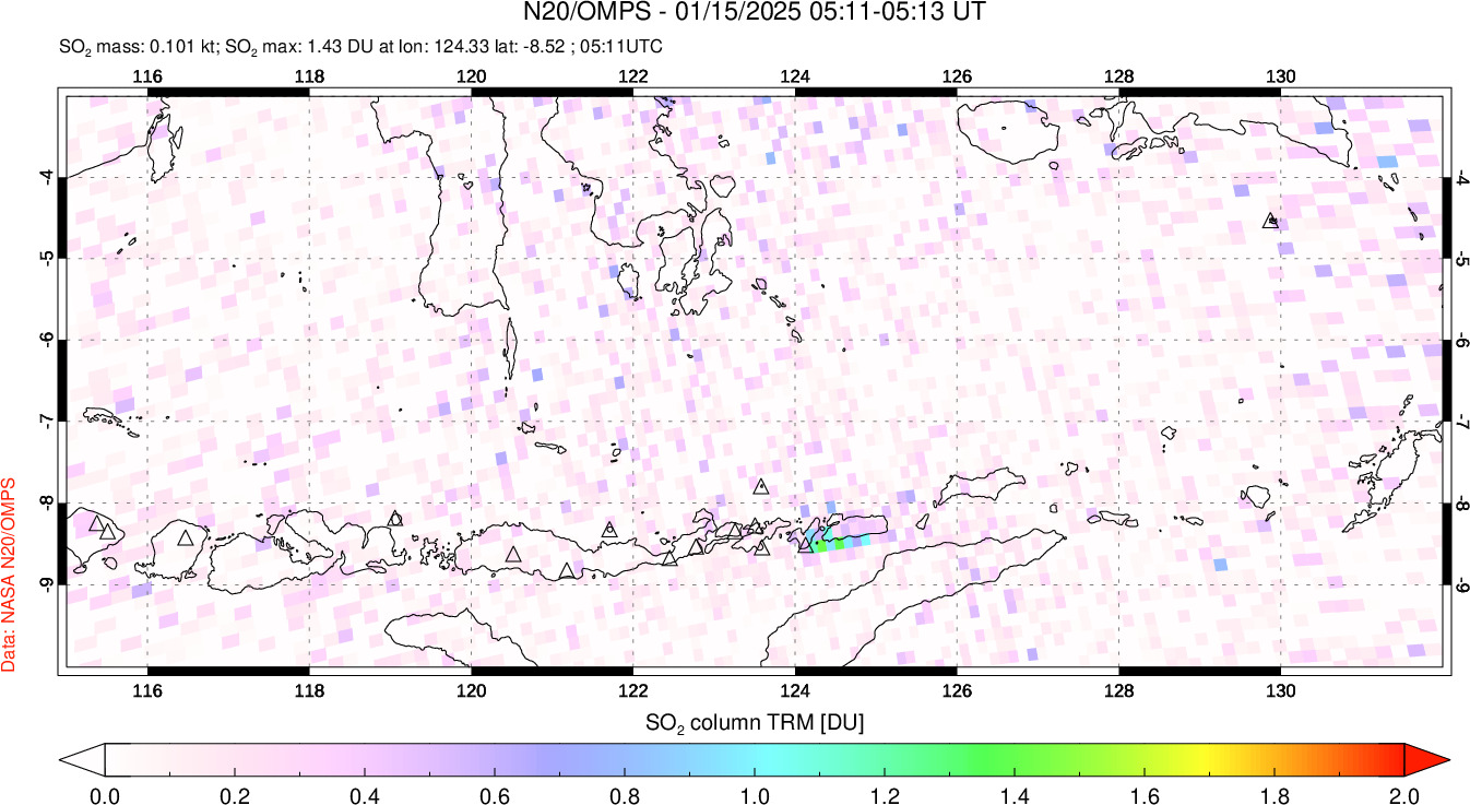 A sulfur dioxide image over Lesser Sunda Islands, Indonesia on Jan 15, 2025.