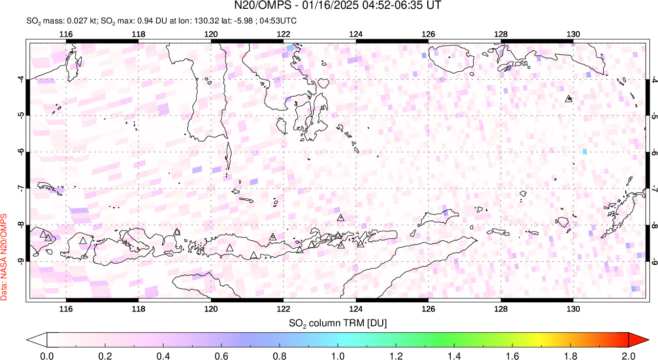 A sulfur dioxide image over Lesser Sunda Islands, Indonesia on Jan 16, 2025.