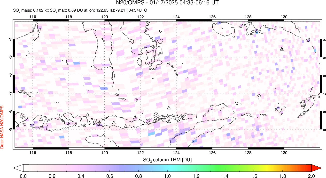 A sulfur dioxide image over Lesser Sunda Islands, Indonesia on Jan 17, 2025.