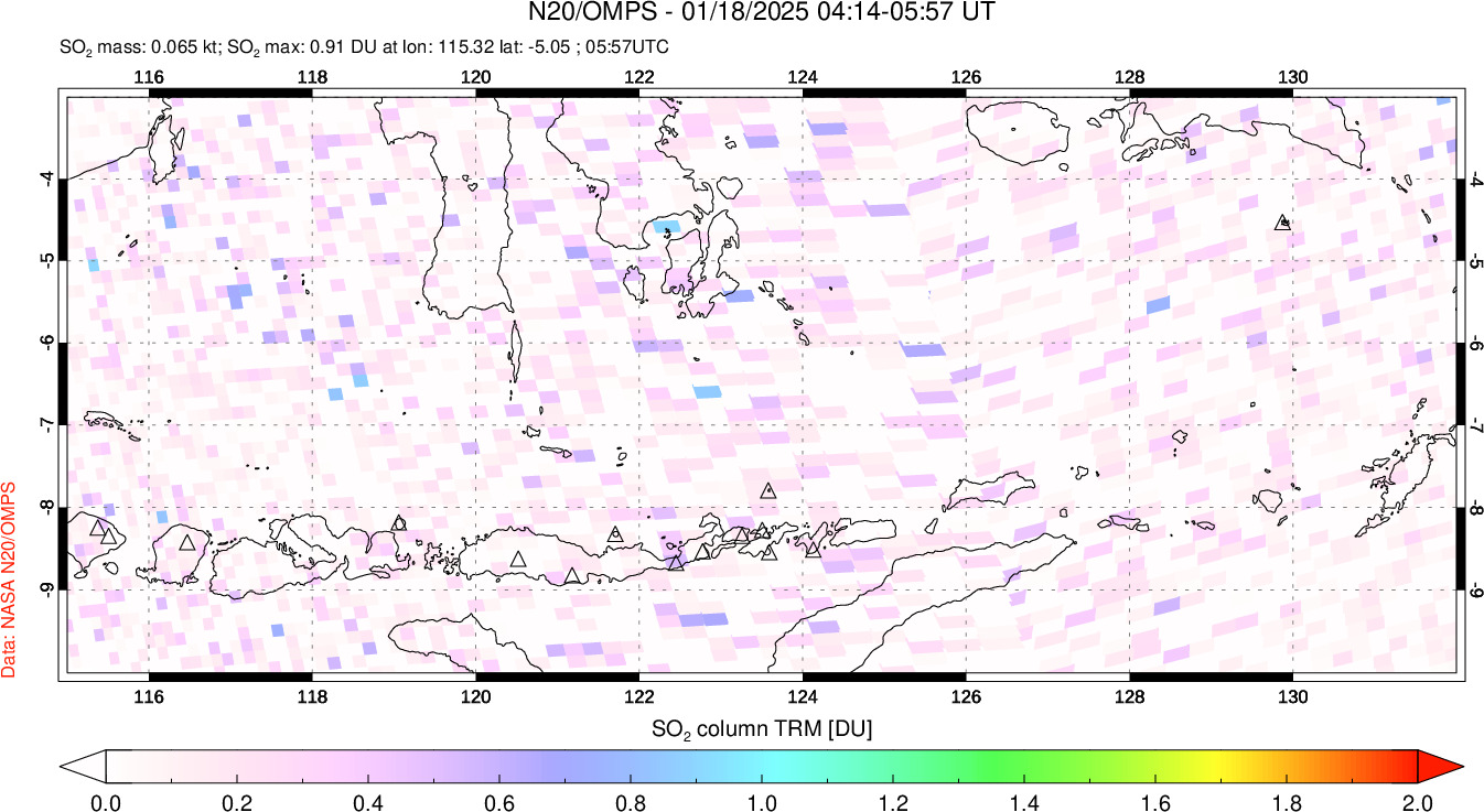 A sulfur dioxide image over Lesser Sunda Islands, Indonesia on Jan 18, 2025.