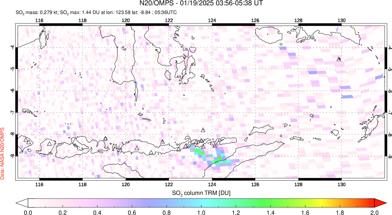 A sulfur dioxide image over Lesser Sunda Islands, Indonesia on Jan 19, 2025.