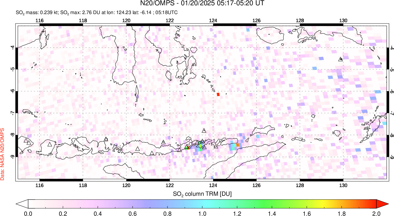 A sulfur dioxide image over Lesser Sunda Islands, Indonesia on Jan 20, 2025.