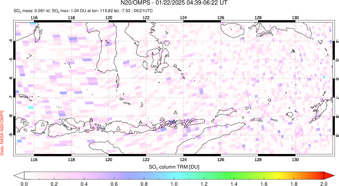 A sulfur dioxide image over Lesser Sunda Islands, Indonesia on Jan 22, 2025.