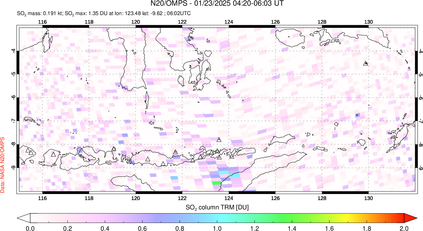 A sulfur dioxide image over Lesser Sunda Islands, Indonesia on Jan 23, 2025.