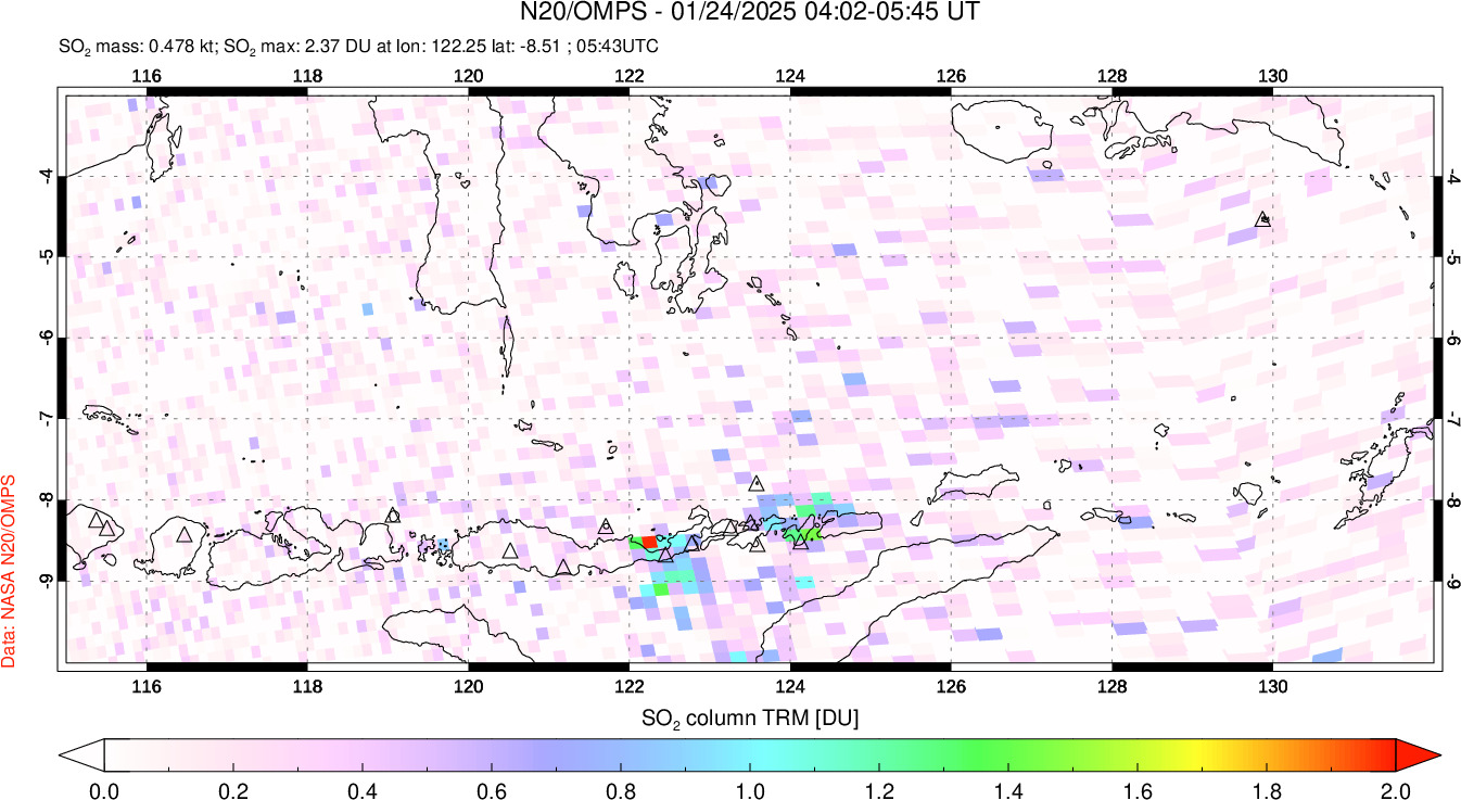 A sulfur dioxide image over Lesser Sunda Islands, Indonesia on Jan 24, 2025.