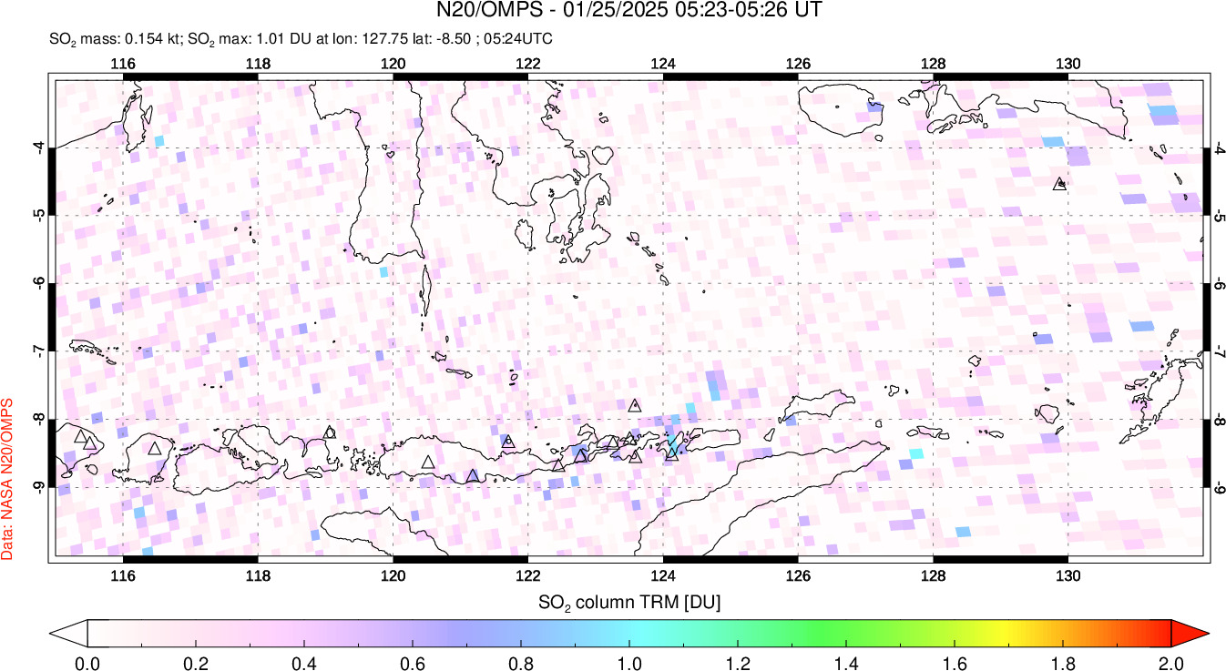 A sulfur dioxide image over Lesser Sunda Islands, Indonesia on Jan 25, 2025.