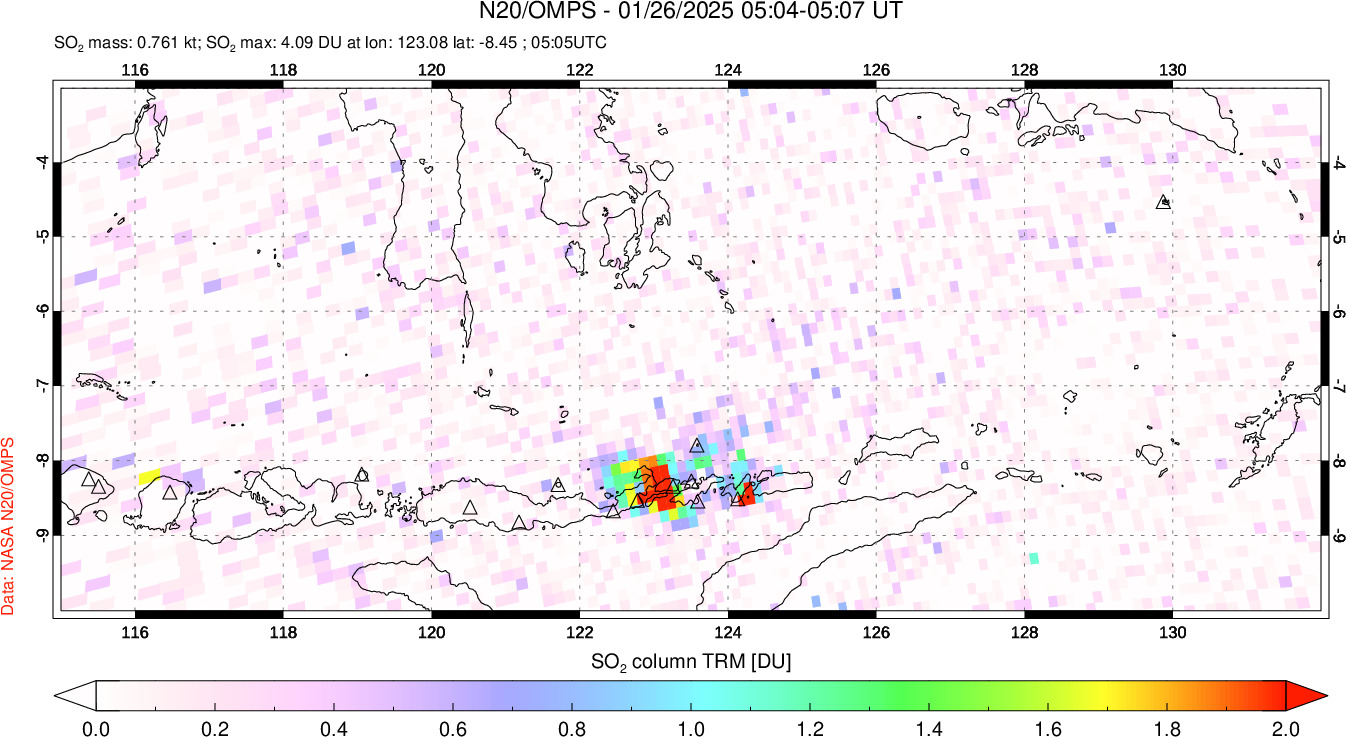 A sulfur dioxide image over Lesser Sunda Islands, Indonesia on Jan 26, 2025.