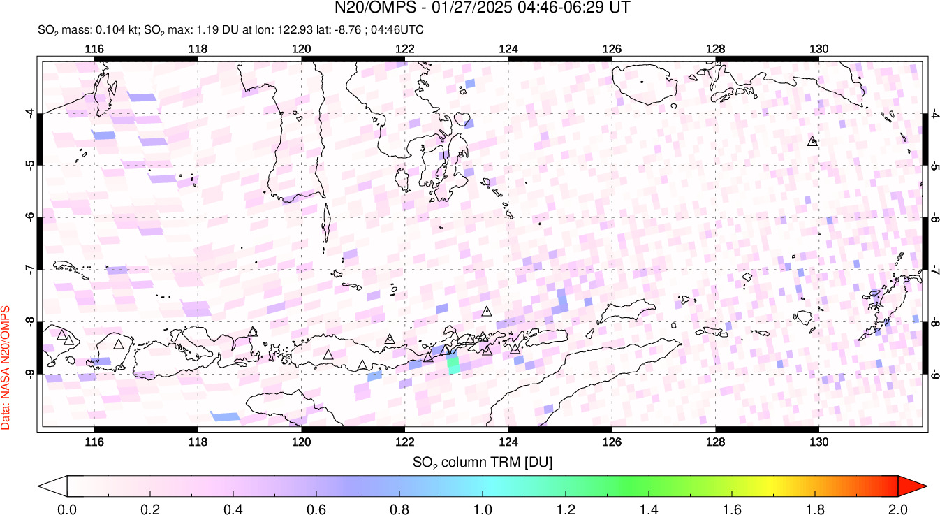 A sulfur dioxide image over Lesser Sunda Islands, Indonesia on Jan 27, 2025.