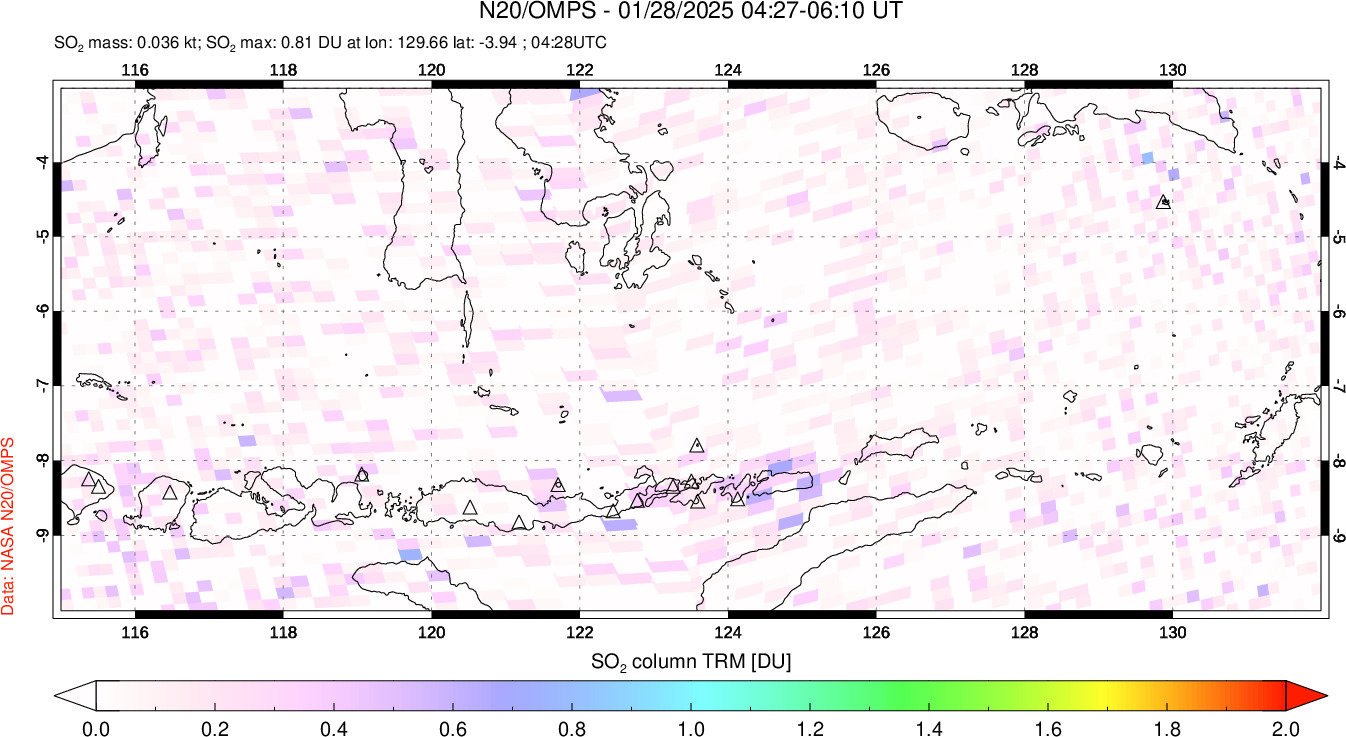 A sulfur dioxide image over Lesser Sunda Islands, Indonesia on Jan 28, 2025.