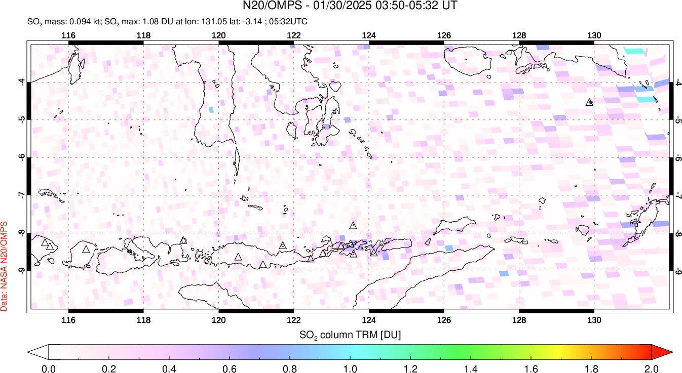 A sulfur dioxide image over Lesser Sunda Islands, Indonesia on Jan 30, 2025.