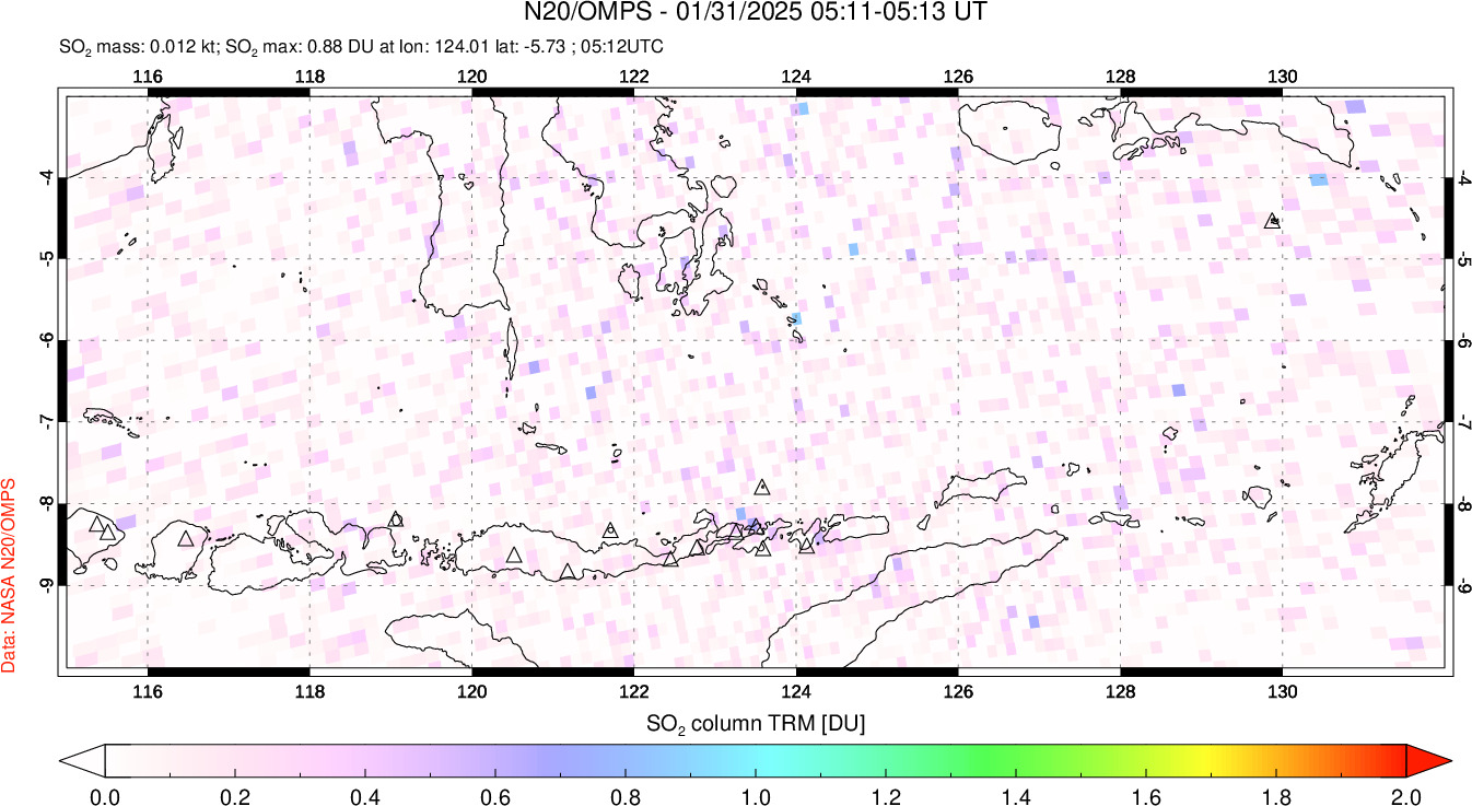 A sulfur dioxide image over Lesser Sunda Islands, Indonesia on Jan 31, 2025.