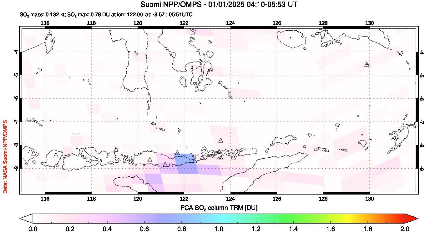 A sulfur dioxide image over Lesser Sunda Islands, Indonesia on Jan 01, 2025.