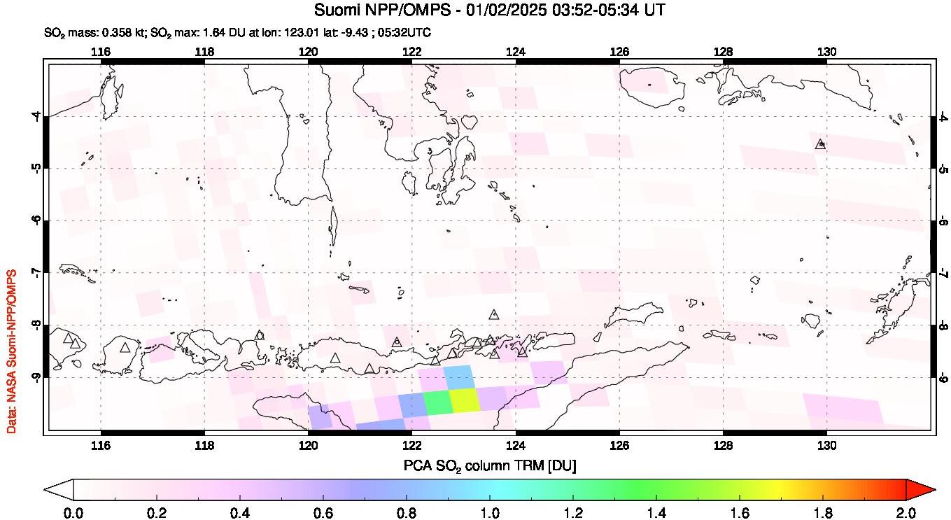 A sulfur dioxide image over Lesser Sunda Islands, Indonesia on Jan 02, 2025.