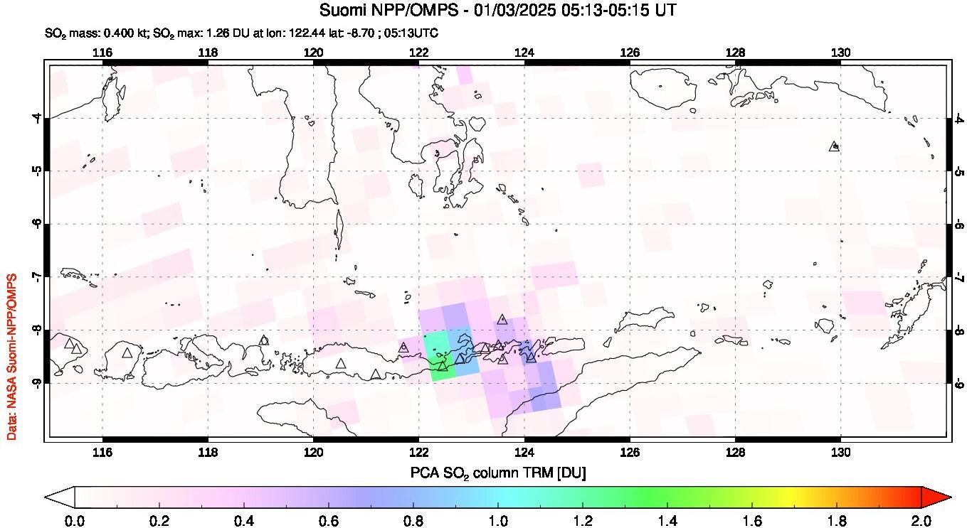 A sulfur dioxide image over Lesser Sunda Islands, Indonesia on Jan 03, 2025.