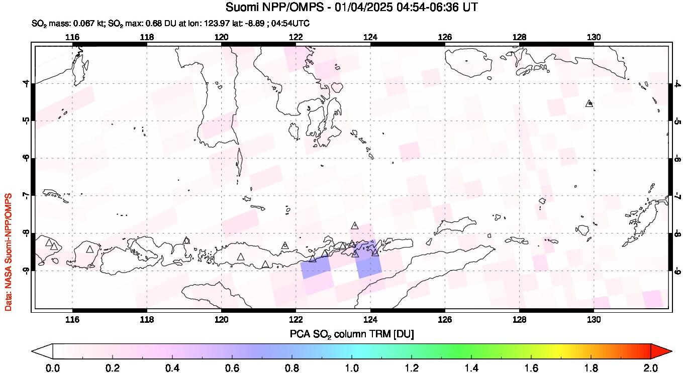 A sulfur dioxide image over Lesser Sunda Islands, Indonesia on Jan 04, 2025.