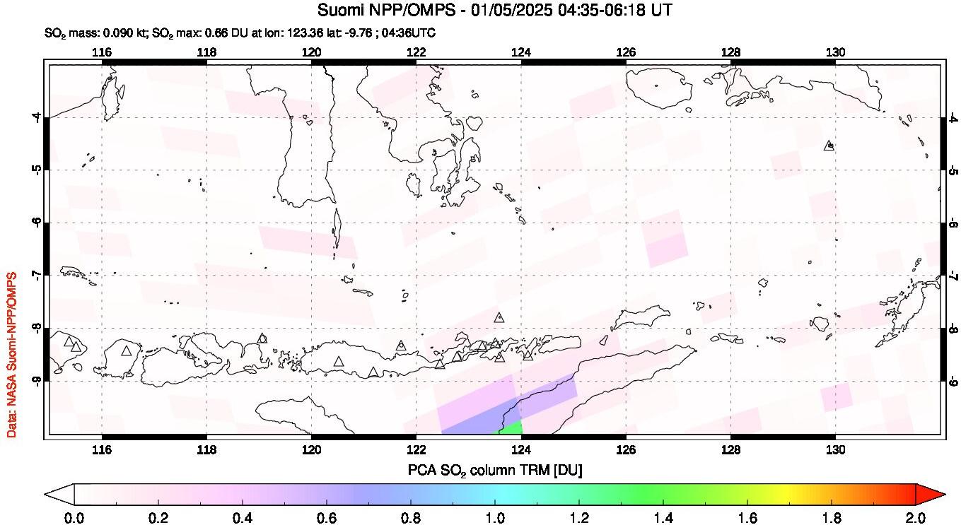 A sulfur dioxide image over Lesser Sunda Islands, Indonesia on Jan 05, 2025.