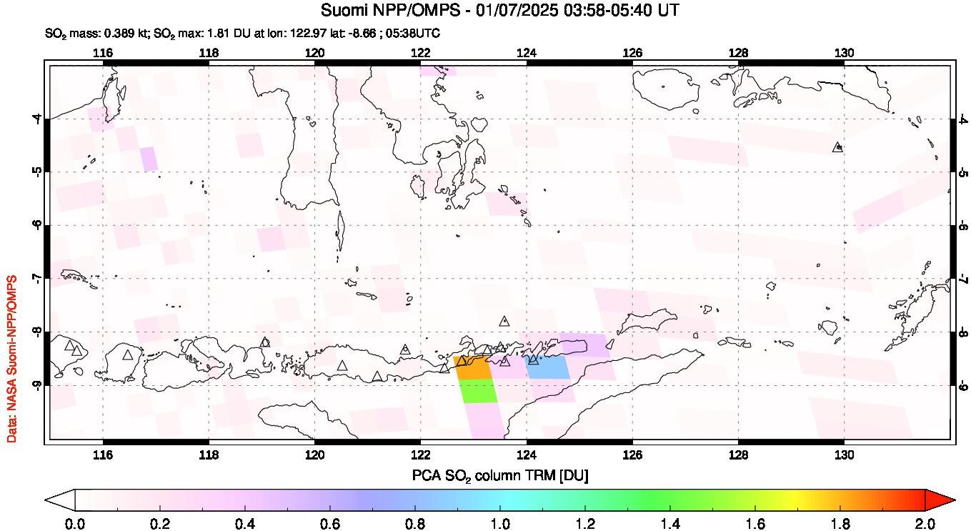 A sulfur dioxide image over Lesser Sunda Islands, Indonesia on Jan 07, 2025.