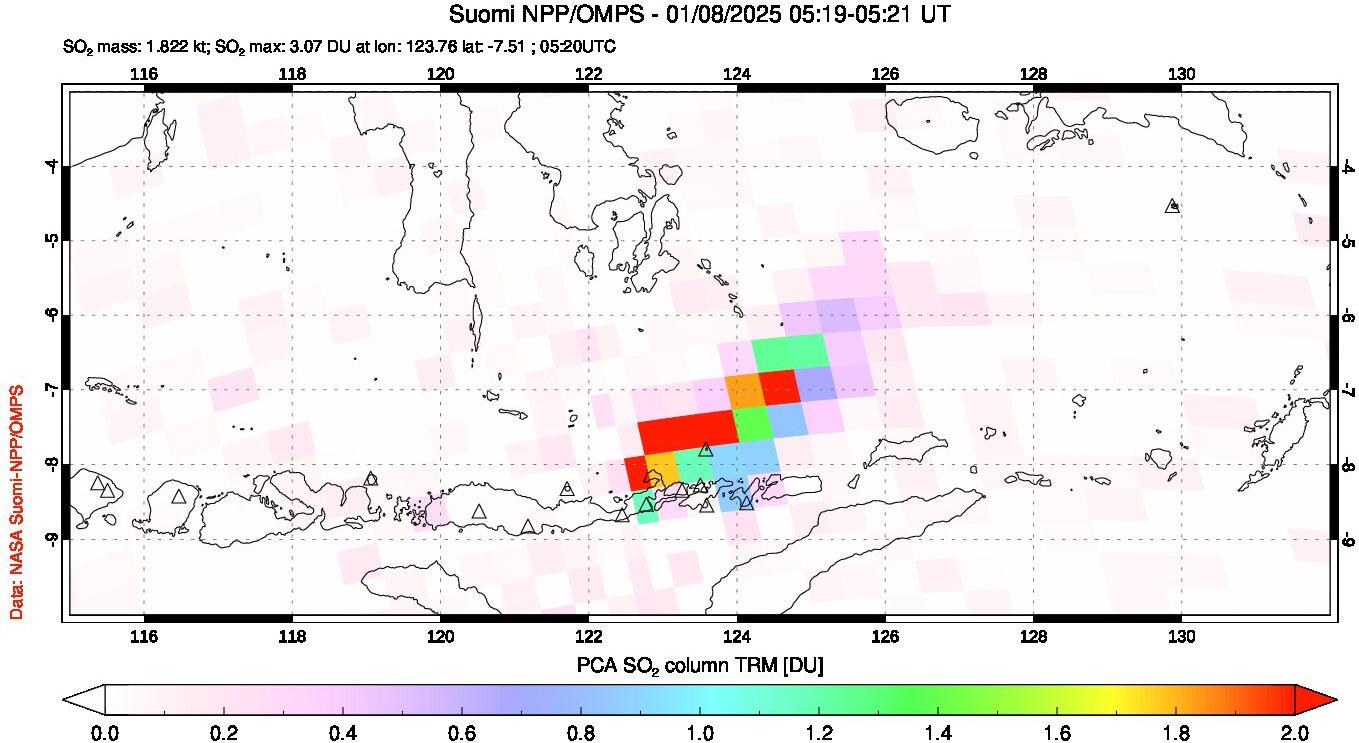 A sulfur dioxide image over Lesser Sunda Islands, Indonesia on Jan 08, 2025.