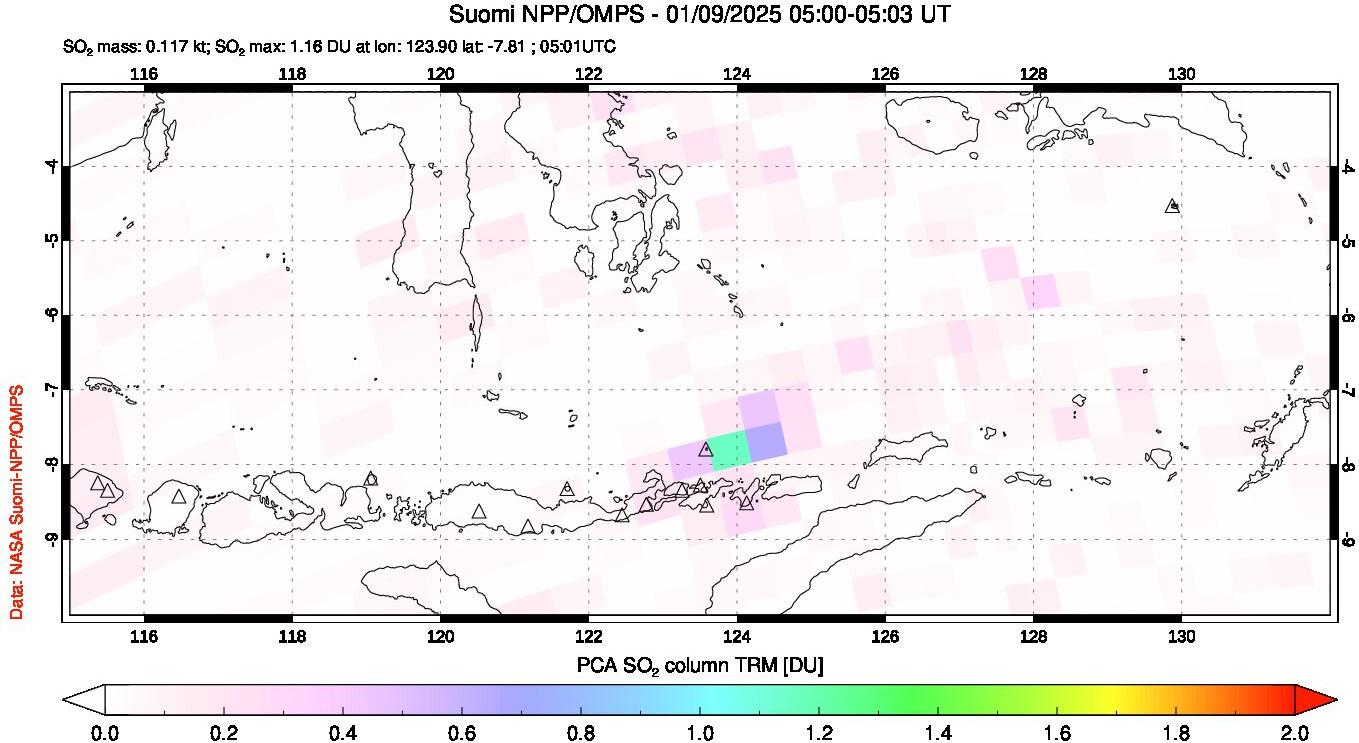 A sulfur dioxide image over Lesser Sunda Islands, Indonesia on Jan 09, 2025.