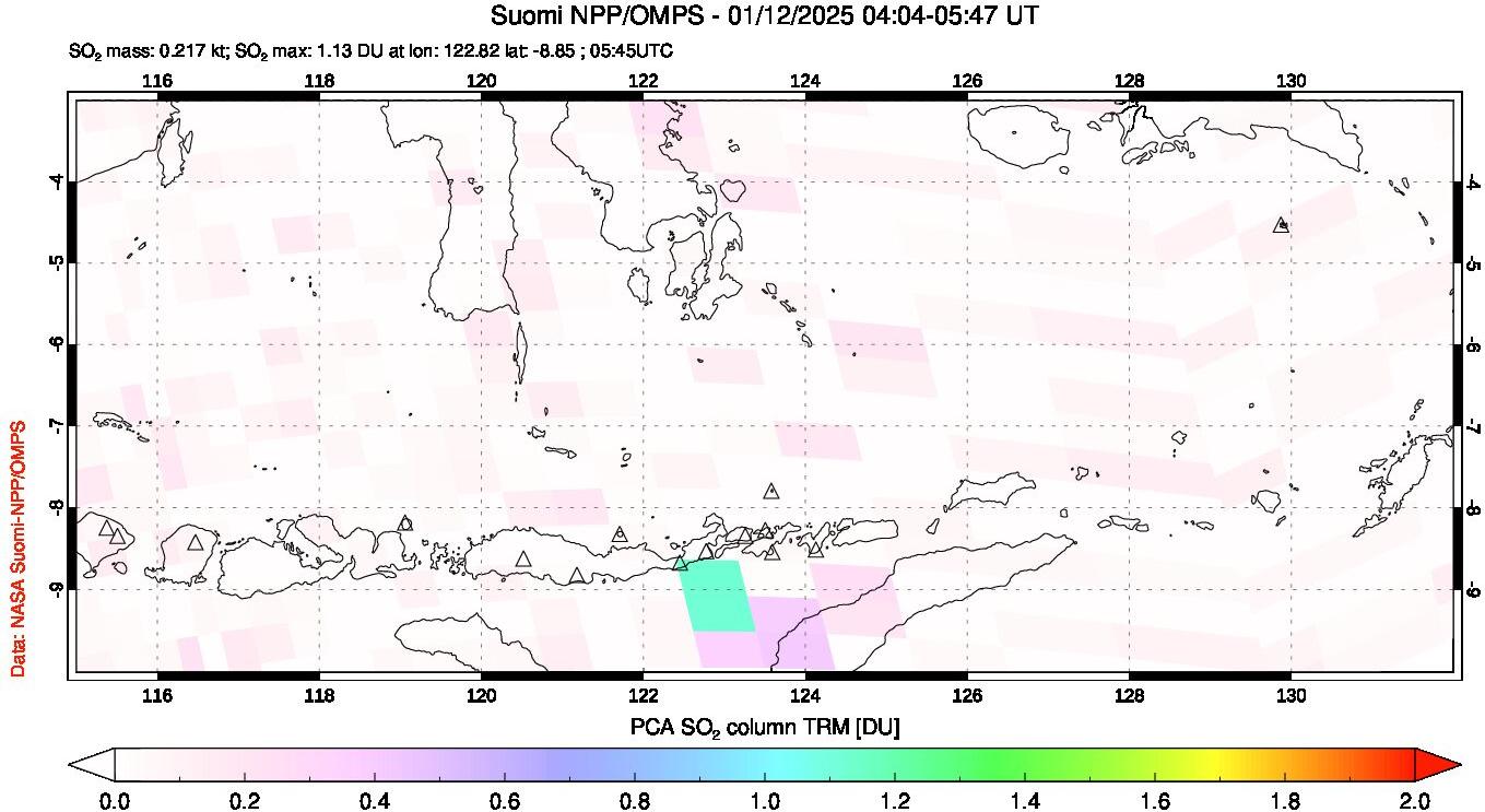 A sulfur dioxide image over Lesser Sunda Islands, Indonesia on Jan 12, 2025.