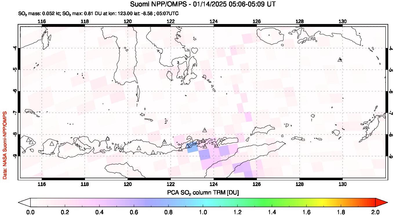 A sulfur dioxide image over Lesser Sunda Islands, Indonesia on Jan 14, 2025.