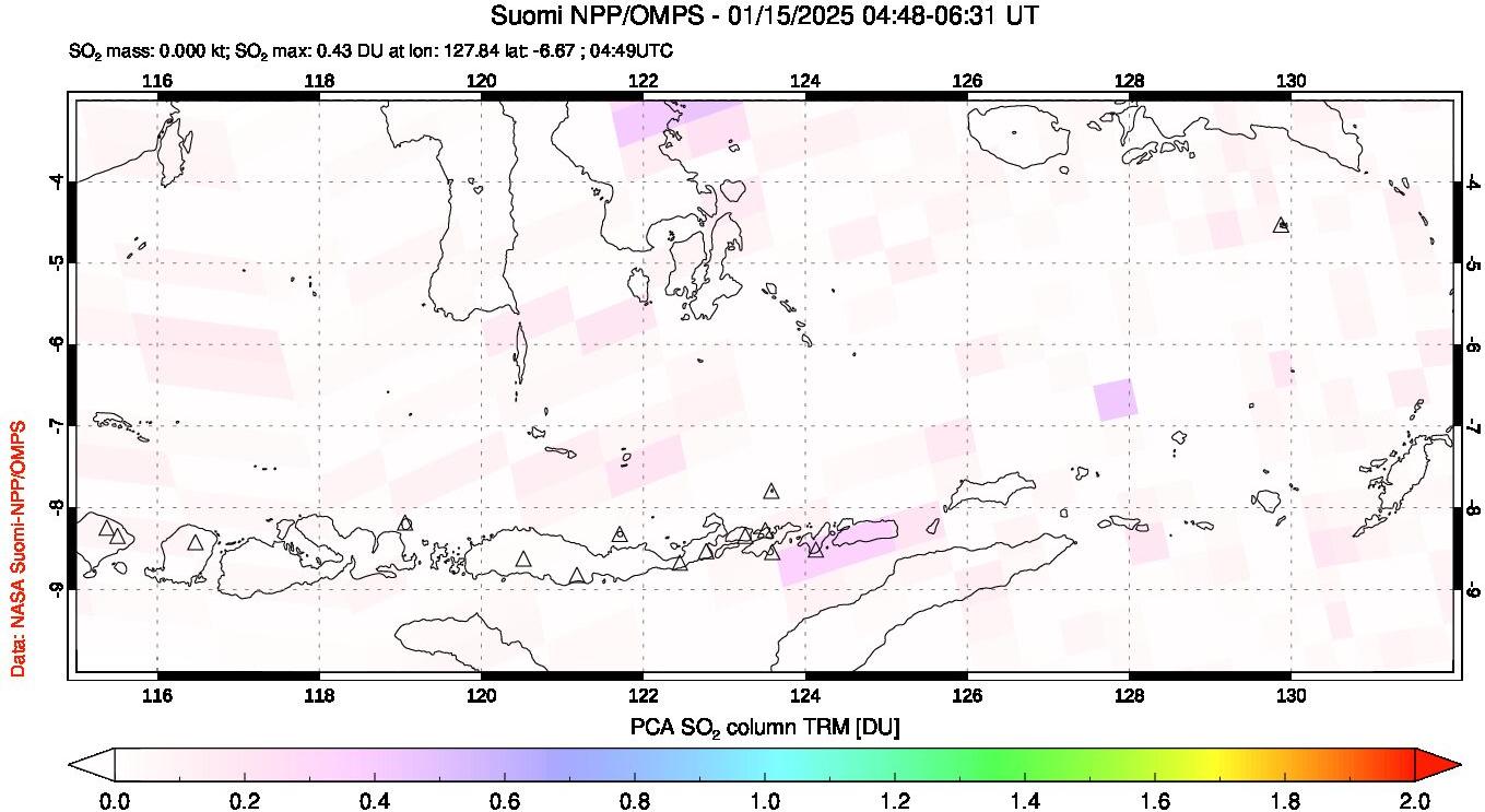 A sulfur dioxide image over Lesser Sunda Islands, Indonesia on Jan 15, 2025.