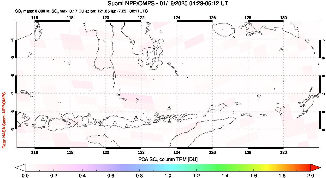 A sulfur dioxide image over Lesser Sunda Islands, Indonesia on Jan 16, 2025.