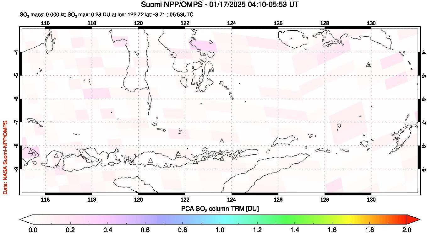 A sulfur dioxide image over Lesser Sunda Islands, Indonesia on Jan 17, 2025.