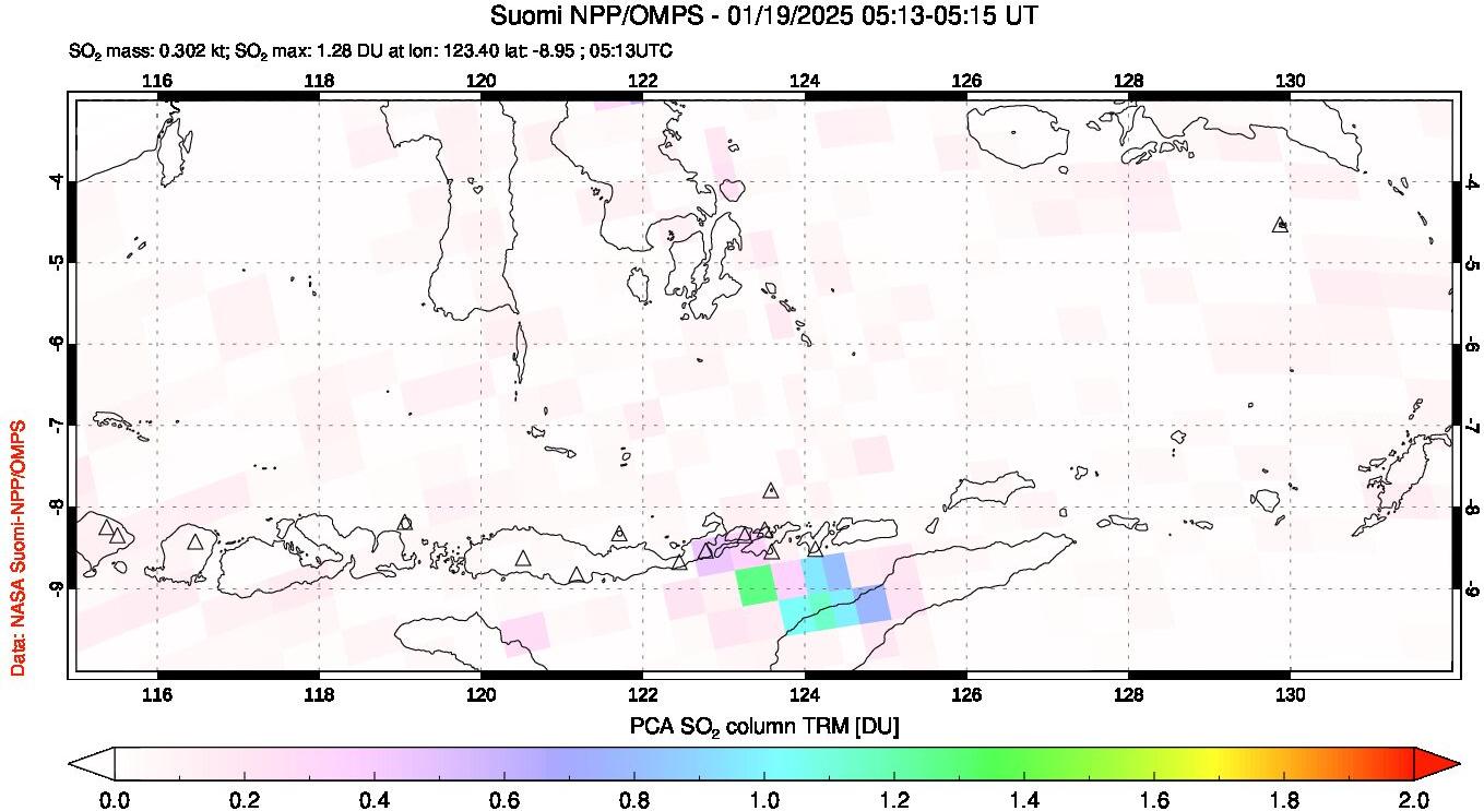 A sulfur dioxide image over Lesser Sunda Islands, Indonesia on Jan 19, 2025.