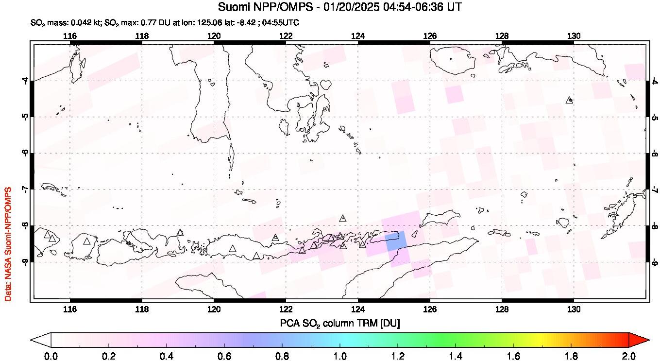 A sulfur dioxide image over Lesser Sunda Islands, Indonesia on Jan 20, 2025.