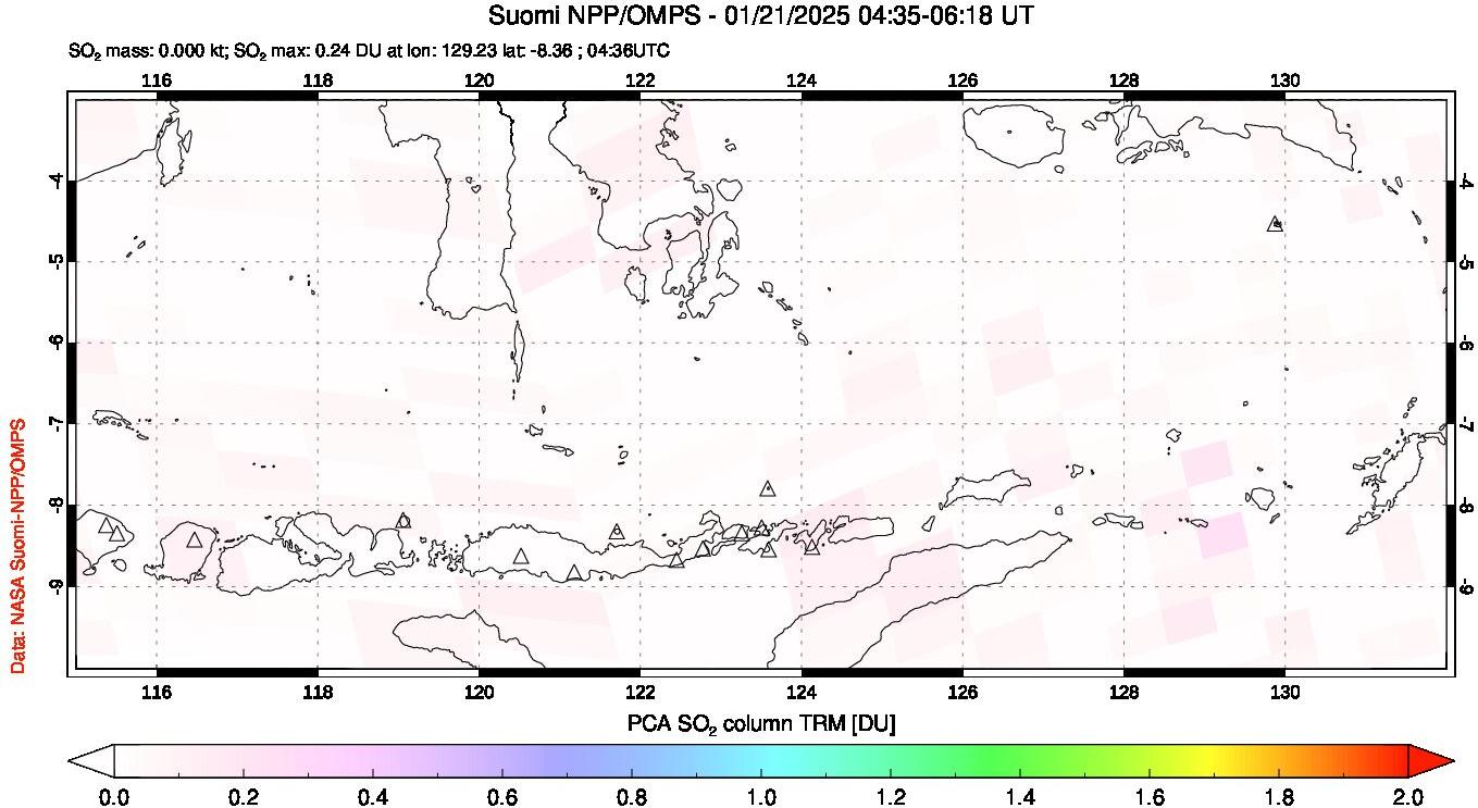 A sulfur dioxide image over Lesser Sunda Islands, Indonesia on Jan 21, 2025.