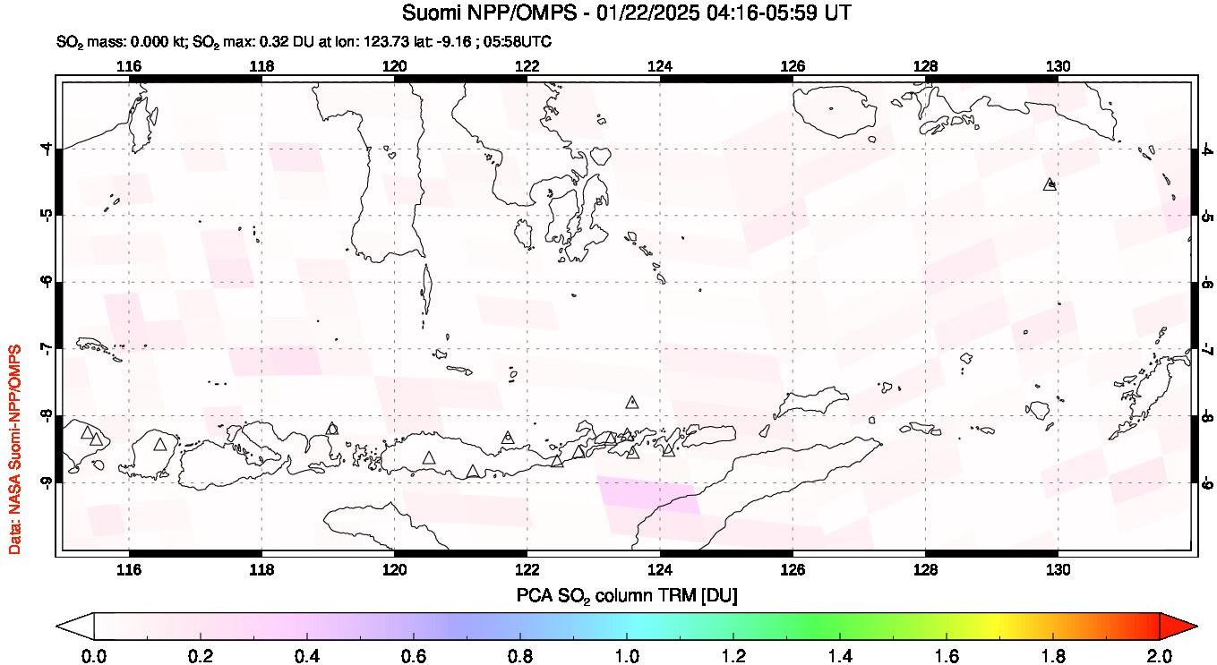 A sulfur dioxide image over Lesser Sunda Islands, Indonesia on Jan 22, 2025.