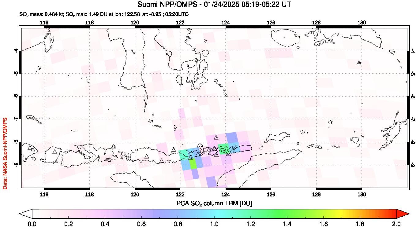 A sulfur dioxide image over Lesser Sunda Islands, Indonesia on Jan 24, 2025.