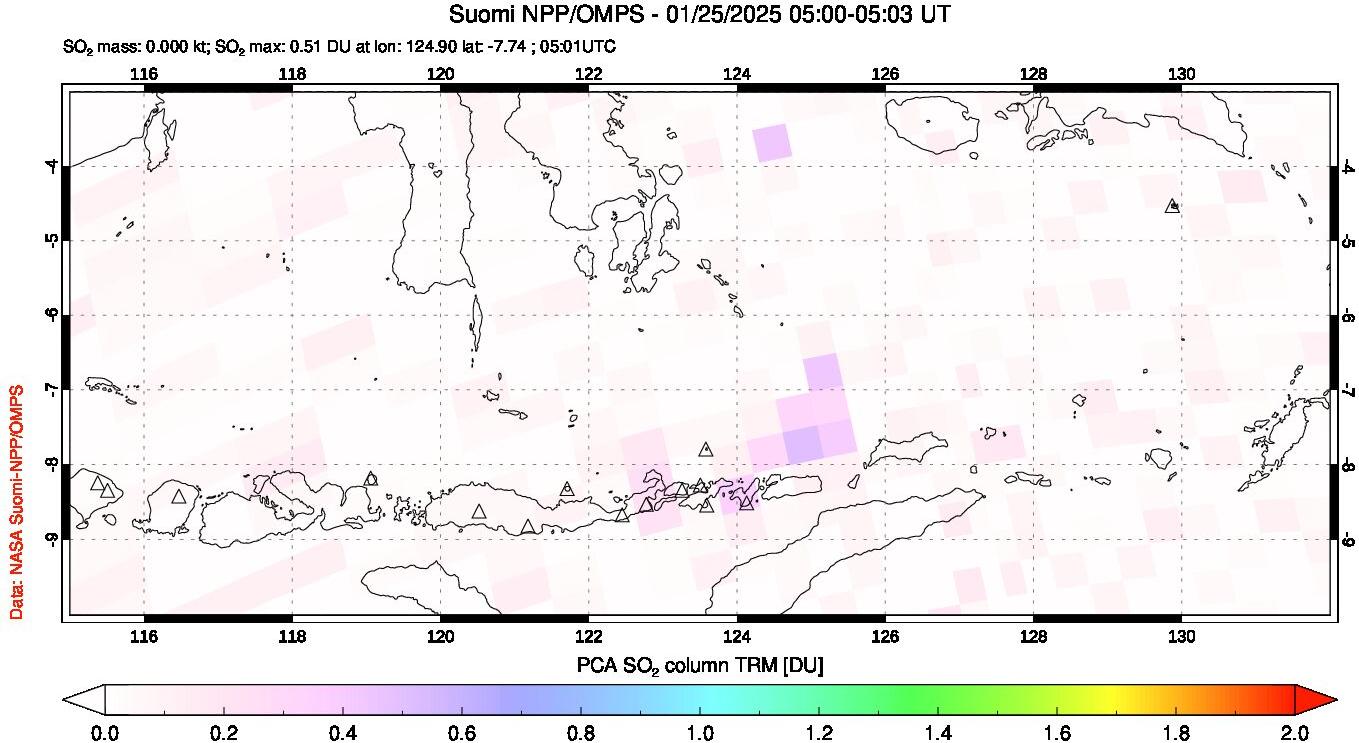 A sulfur dioxide image over Lesser Sunda Islands, Indonesia on Jan 25, 2025.