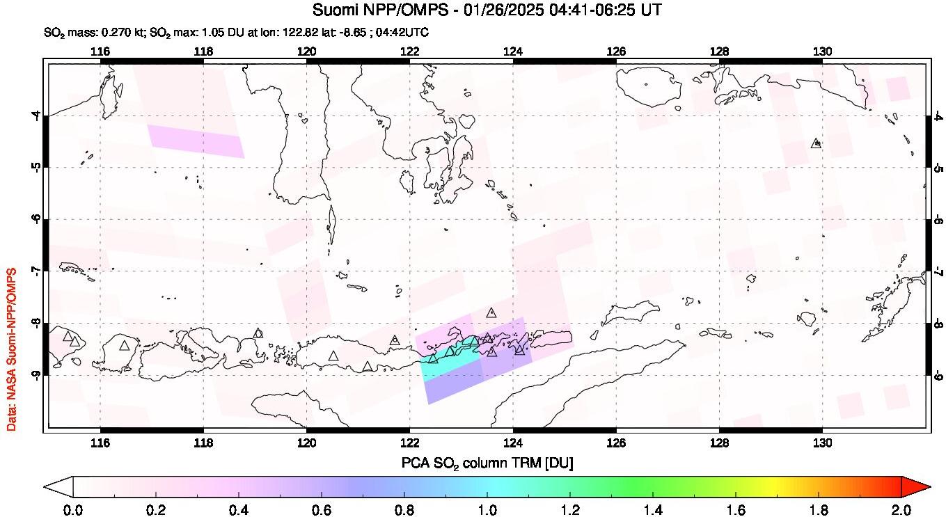 A sulfur dioxide image over Lesser Sunda Islands, Indonesia on Jan 26, 2025.