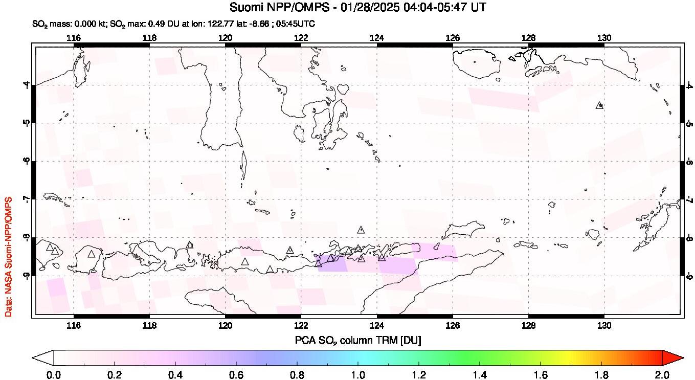 A sulfur dioxide image over Lesser Sunda Islands, Indonesia on Jan 28, 2025.